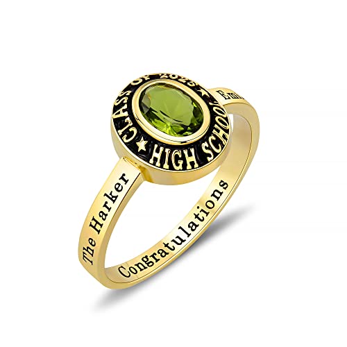 Fully Personalized Customized Sterling Silver Ladies High School And College Class Ring Cubic Zirconia Birthstone Class Rings Graduation Gifts Black Band Collection -Ccjcinata (Sterling Silver - Gold Plated) #TOP1