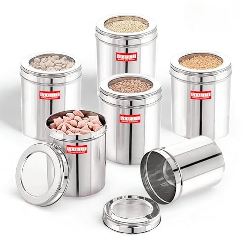 Image of Stainless Steel Food Storage Containers | Air Tight Stainless Steel Containers | Grocery Containers for Kitchen | See-Through Lids | Ubha Dabba | Canisters | Silver (6 Pcs (1 Kg))