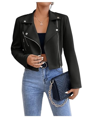 MakeMeChic Women's Faux Suede Cropped Jacket Long Sleeve Lapel Collar Zip Up Moto Biker Jacket Outerwear