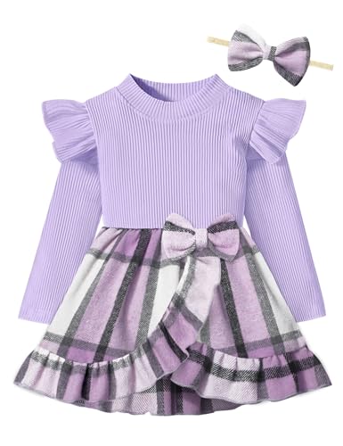 Image of WIQI Baby Girl Dress Ruffle Sleeve Plaid Dresses Ribbed Infant Girl Fall Winter Outfits with Bowknot Headband