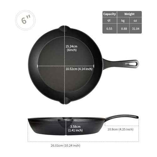 CUISGUSTO Cast Iron Skillet Set – Pre-Seasoned Frying Pans ， even heat distribution - Stick-Safe foruse in the oven, stove, grill or campfire - Uncoated (1, 6 inch)