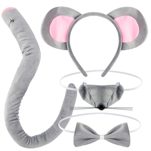patinadrift 4 Stück Maus Kostüm Set,Verkleidung Tierkostüm Kit Maus Ohren Haarbänder Maus Nase Fliege Schwanz,Tier Kostüm Zubehör für Erwachsene Karneval Halloween