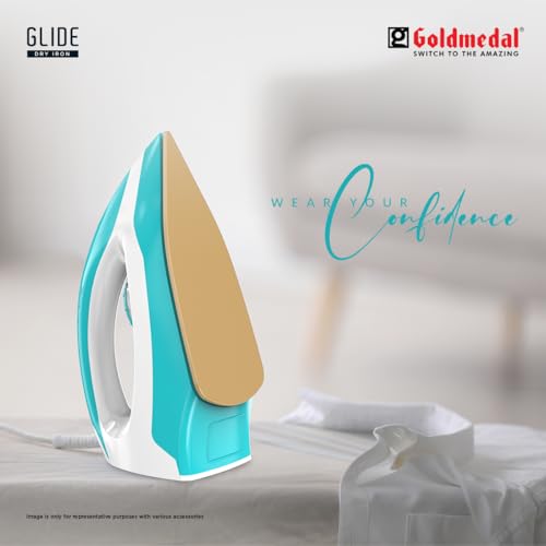 Image of Goldmedal Glide 1100W Dry Iron | Non-stick Weilburger Premium Double Coated Soleplate | 5 Fabric Setting |1.8 Meter Cord | 360 Swivel Cord | 2.5 Years Warranty | Light Weight (Turquoise Blue)