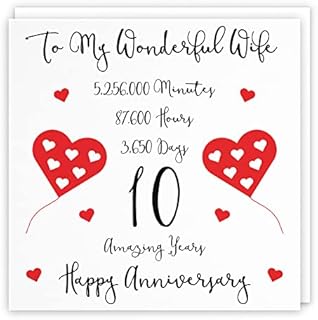 Hunts England Romantic Wife 10th Wedding Anniversary Card - To My Wonderful Wife - 10 Amazing Years - Timeless Collection - Standard - 148 x 148 mm