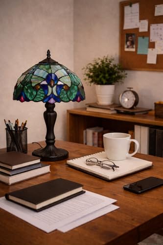 Image of Stained Glass Table Lamp, Multicolor Glass Shade, Bronze Base (Design - 15) Free Bulb- 3 Color Options- Warm White, Cool White and Natural