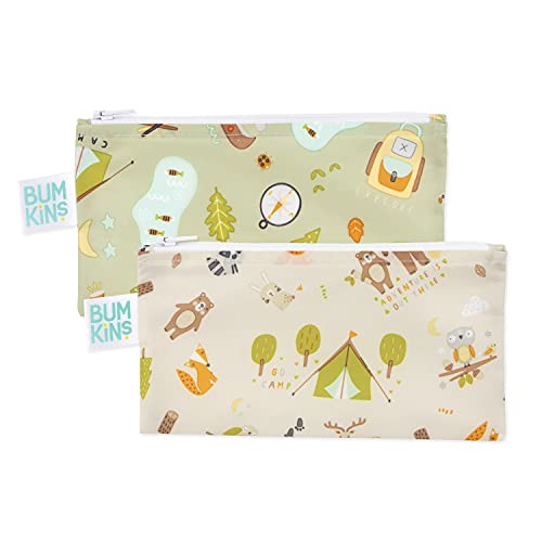 Image of Bumkins Reusable Snack Bags, for Kids School Lunch and for Adults Portion, Washable Fabric, Waterproof Cloth Zip Bag, Supplies Travel Pouch, Food-Safe, 2-pk Camp Friends and Gear