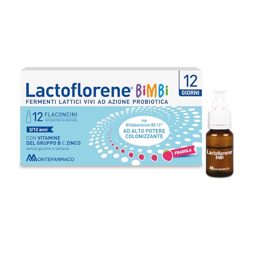 Lactoflorene Bimbi, Integratore Fermenti Lattici per l'Equilibrio Intestinale, con Zinco e Vitamine B, Gusto Fragola, 12 Flaconcini, Senza Glutine e Senza Lattosio