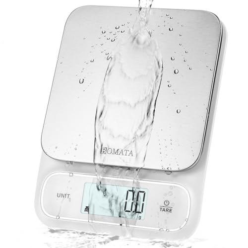 BOMATA Báscula de cocina resistente al agua IPX6, de alta precisión de 0.1g, con pantalla digital retroiluminada y plataforma de pesaje de acero inoxidable. Ideal para alimentos, cocina. B619 Blanco