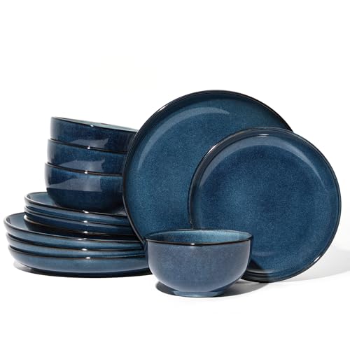 Image of Pokini Stoneware Dinnerware Sets Service for 4, 12 pcs Reactive Glaze Plates and Bowls Sets, Handmade Ceramic Dish Set, Highly Chip and Crack Resistant Modern Plate Set, Starry Blue