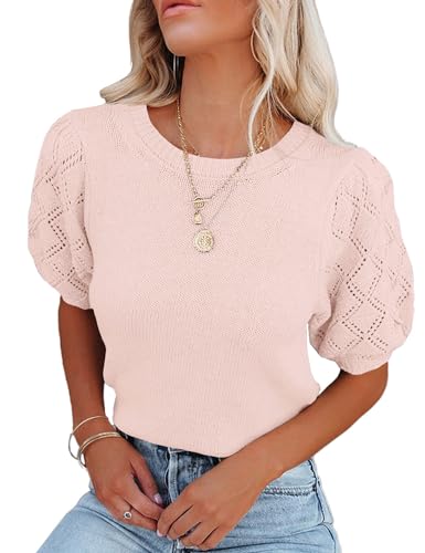 Image of Womens Short Sleeve Sweaters Crewneck Knit Pullover Tops 2025 Summer Casual Lightweight Crochet Blouse Shirt