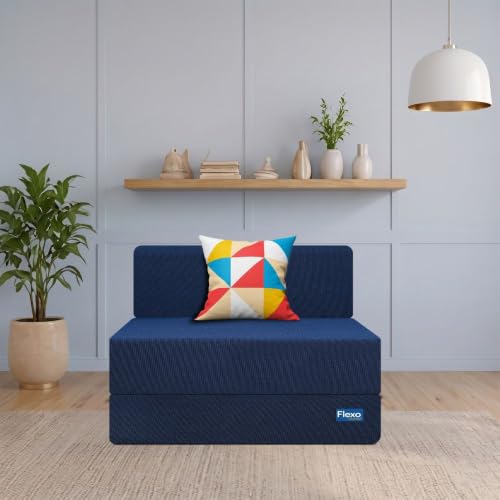 Image of Starlon 1 Seater Foldable Sofa Cum Bed 3-in-1 with 1 Geometrical Pattern Pillow, Washable Jute Fabric Cover, Space Saving Guest Bed, Pre-Assembled Royal Navy Blue 2.5x6 Ft