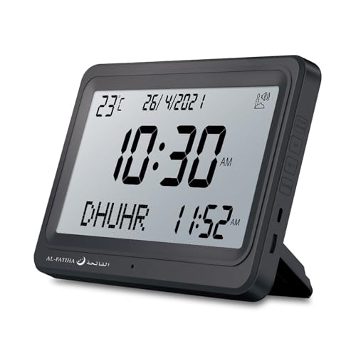 Al salama Azan Clock Automatic Worldwide Digital 8 Azan Prayer Sounds Muslim Prayer Clock Islamic Prayer Clock for Home Decor Islamic Art Verse of The Day (Black)