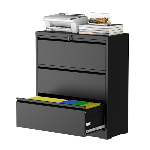 FOSTOKO 3 Drawer Lateral File Cabinet with Lock, Metal File Cabinets for Home Office, Steel Heavy-Duty Filing Storage Cabinet for Letters/Legal/A4 (Require Assembly, Black)