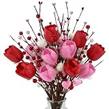 HUAESIN Valentines Day Decorations 12 PCS Pink Red Valentine Picks with Heart Berries 19.7' Silk Artificial Tulips Flowers Valentines Flowers for Anniversary Party Table Centerpiece Home