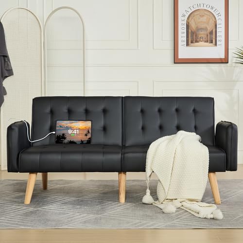 Image of TYBOATLE Faux Leather Convertible 65'' Folding Futon Sofa Bed w / 2 USB, Loveseat for Small Space, Apartment, Dorm, Living Room, Office, Black
