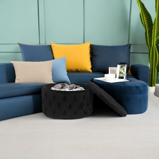 Miniatura 5 de Homebeez Otomana de Almacenamiento Redonda de Terciopelo de 28 Pulgadas, Taburete Reposapiés con Capitoné de Botones Mesa de Centro para Sala de