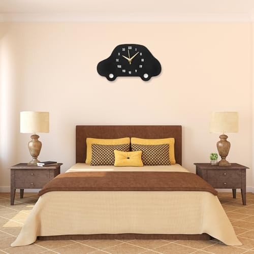 Image of Car Shape Metallic Analog Wall Clock for Living Room, Bedroom, Kids Room & Hall | Stylish Home Decor Wall Clock | Battery Operated, Modern Design | Black Color | 38 x 22 CM