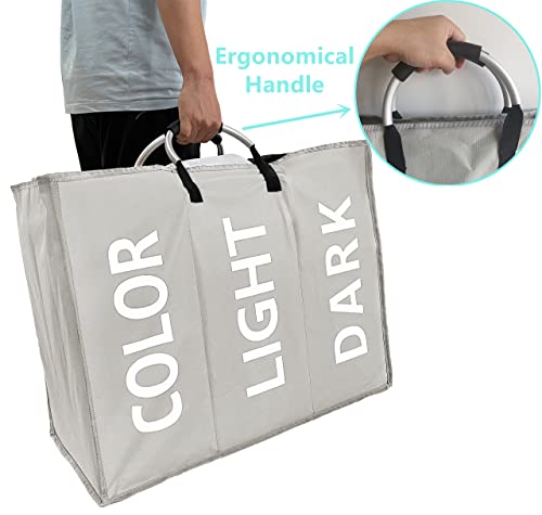 Slim Laundry Hamper 3 Section Sorter With Handles Large Capacity Foldable 19" Tall Waterproof Laundry Basket For Dirty Clothes Storage (Light Grey) #TOP7