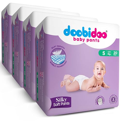 Doobidoo Silky Soft Baby Pants Diapers - S Size | All-Round Softness with Bubble Soft Topsheet & Anti-Leak Side Cuffs | Rash-Free Comfort & High Absorbency for Babies (4–8 kg) - Pack of 4 | 80 Count