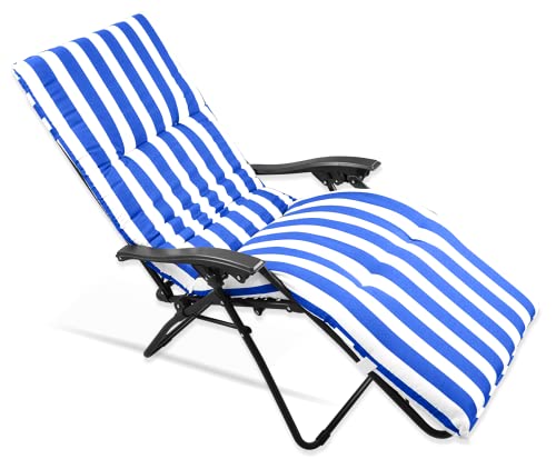 CHELY INTERMARKET Cojín Acolchado 180x55x8cm Azul y Blanco Raya Exterior Tumbonas Sillas Jardín Terraza Cómodo Poliéster Respaldo Largo Palets Reclinables Sujeción Elástica Vacaciones