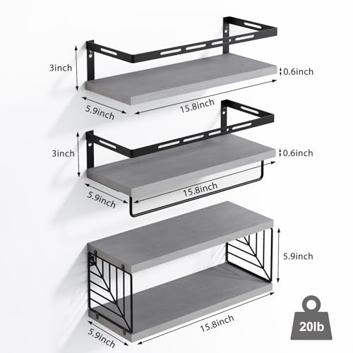 Fixwal 3+1 Tier Wall Mounted Bathroom Shelves Over Toilet, Rustic Wood Floating Shelves with Metal Frame and Towel Bar for Bathroom, Kitchen, Bedroom, Living Room (Gray)