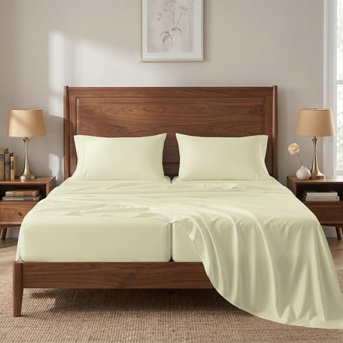 Image of 450TC 100% Cotton Split King Bed Sheets - Silky Smooth Sateen Weave, Ivory