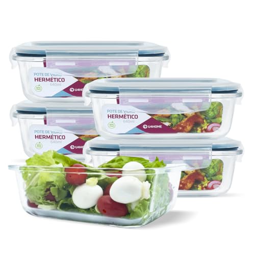 KIT 5 Potes de Vidro Retangular com Tampa Hermética 640ml Cor:Azul (QH)