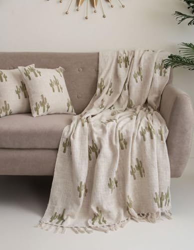 Image of Handmade Cotton Jute Sofa Throw Blanket (50x70 inch) with 2 pcs Cushion Cover (16x16 Inch) Couch & Bed Throws (Pack of 3, Cactus Print)