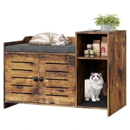 Takywep Vintage Hidden Cat Litter Box Enclosure Furniture - Modern Wooden Cat House Cabinet with Mark Pad, Storage Shelf & Ventilation - Discreet Cat Bed for Bedroom or Hallway - Vintage Brown