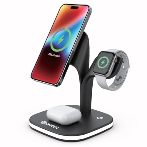 UNIGEN® MAGTEC 500 4in1 23W Foldable Mag-Safe Charger for iPhone 17/16 Plus/17/16 Pro/17/16 Pro Max,15/15 Plus/15 Pro/15 Pro Max,14/13/12 Series, AirPods 3rd/2nd, Series 9/8/7/6/5/4/SE LED Lamp-Black