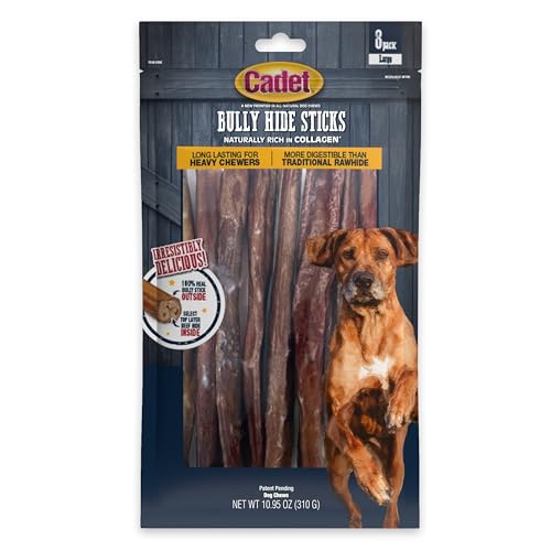 Cadet Bully Hide Sticks for Large Dogs – All-Natural Beef Pizzle, High Protein, Low Fat, Long-Lasting, Grain & Rawhide-Free Dog Chews for Aggressive Chewers, Large (8 Count)