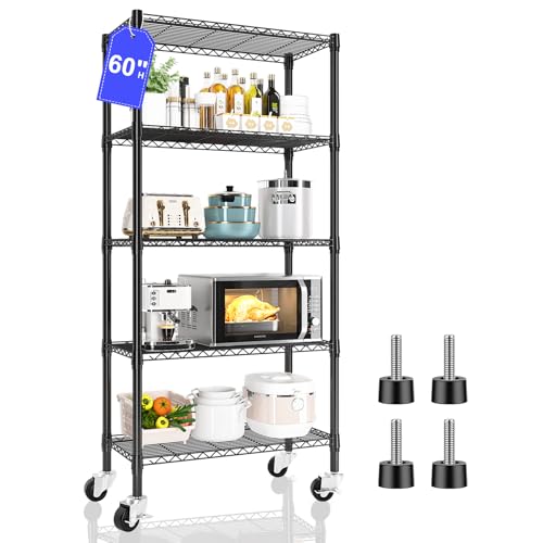 5 Tier Shelving Unit Wire Rack, Heavy Duty Adjustable Shelf Rolling Storage Shelves with Wheels, 14" D x 30" W x 60" H 750 lbs Capacity Kitchen Garage Pantry Shelves for Small Spaces