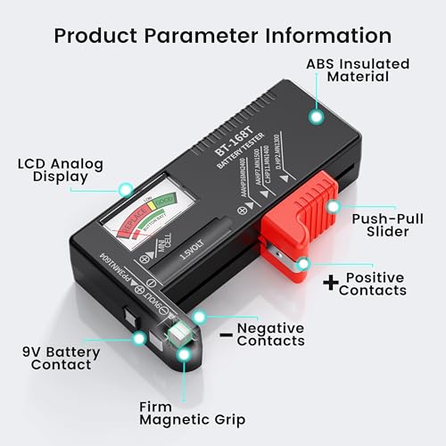Image of Dlypow Magnetic Battery Tester for AAA AA C D 9V, Buttons, Batteries Checker