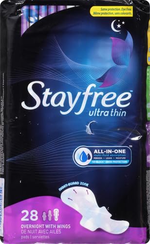 Stayfree Ultra Thin Overnight Pads with Wings, For Women, Reliable Protection and Absorbency of Feminine Moisture, Leaks and Periods, 28 Count