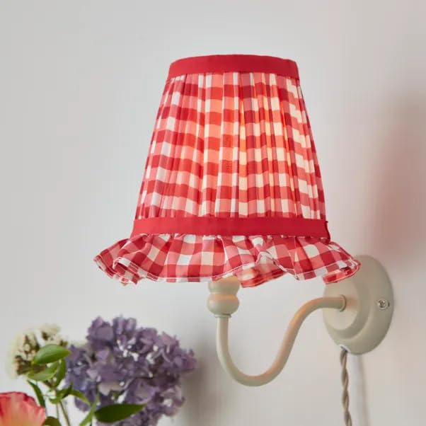 Red Carys Frilled Gingham Easy Fit Lamp Shade – Cute Checkered Lampshade with Frilled Edge for Ceiling Lights & Table Lamps Home Decor-M62