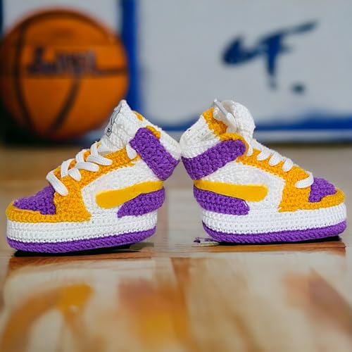 Handmade Crochet Baby Booties Jordan-Style - LA Basketball Team Colors - Soft Organic Newborn Shoes - Custom Baby Sneakers - Sizes 0-12 Months3