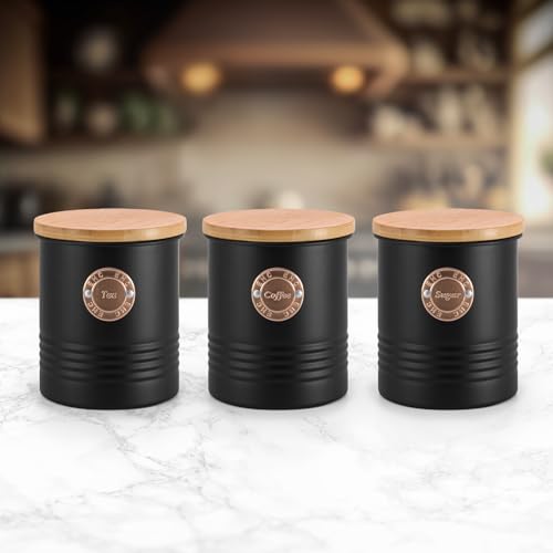 EHC Tea Coffee Sugar Cainsters Set Black, Airtight Container Jars Kitchen Storage Tin, Tea Sugar Coffee Set of 3, Black - Cosy Home Interiors EHC Tea Coffee Sugar Cainsters Set Black, Airtight Container Jars Kitchen Storage Tin, Tea Sugar Coffee Set of 3, Black - Image 5
