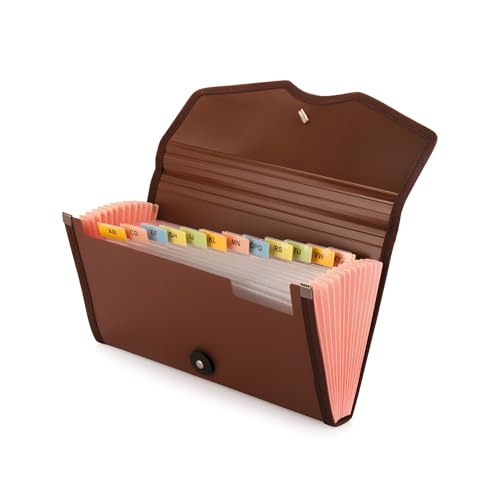Image of Polen 2 Pcs Cheque Expanding File with Elastic Closure 13 Pockets 0.7mm Outer Cover & 0.2mm Inner Partition Sheet, Edge Binding, Index Tabs for Easy Identification, Size Cheque. (Radiant Brown)