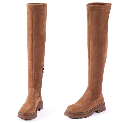 Mtzyoa Over The Knee Combat Boots for Women, Black Brown Suede Combat Platform, Side Zipper, Chunky Lug Sole, Round Toe, Thigh High, for Shopping Street Style4