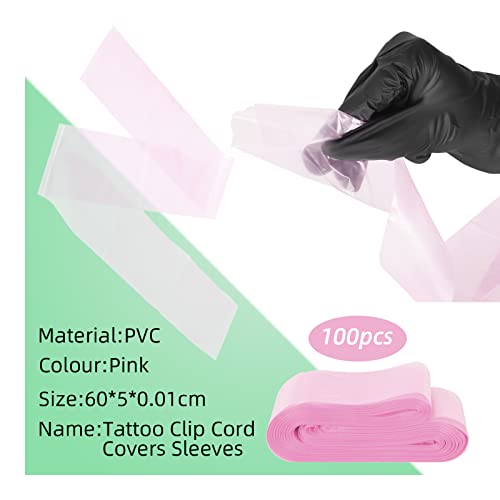 ATOMUS 100pcs Tattoo Clip Cord Sleeves with 2pcs Self-adhesive Bandage Disposable Plastic Cover Bags Tattoo Pen Bag Tattoo Machine Accessories (Pink)
