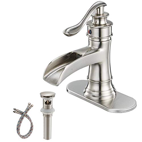 Bathadore Brushed Nickel Bathroom Faucet with Drain Overflow Single Hole One Handle Waterfall Modern Lavatory Sink Faucet Basin Mixer Tap Commercial Residential Lead-Free Hose Included