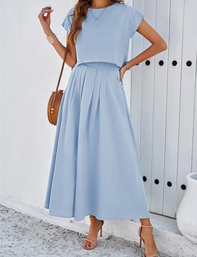 Image of Mingzhu Womens 2 Piece Outfits Skirt Set Summer Casual Cap Sleeve Crop Tops Maxi Dress Sets with Pockets