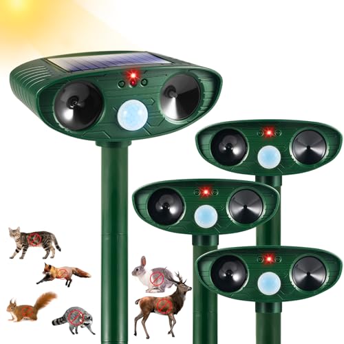 Solar Ultrasonic Animal Repeller Outdoor Deer Repellent Devices Waterproof with Motion Sensor,Effective Against Squirrel,Deer,Dog,Raccoon,Skunk,Rabbit,Coyote Deterrent for Yard Garden Protection,4 Pcs