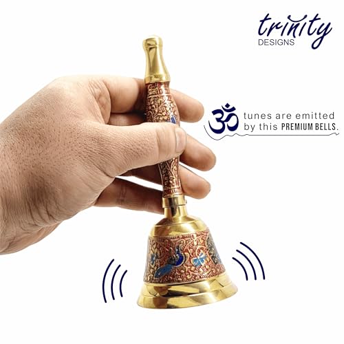 Image of Trinity Designs 7 Inch Brass Ghanti Pooja Bell - Indian Traditional Carving, Premium Feel - Meditation Bell for Home Temple - Brass Hand Bell for Puja Items