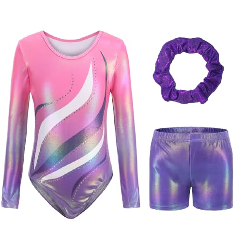 Sinooem Dreiteilige Gymnastikanzüge Für Mädchen Langärmelig Gymnastik Trikot Set mit Shorts und Haarband Gymnastik Outfit Glitzernde Schmetterlinge für 5-12 Jahre (Pink 5-6 Jahr)
