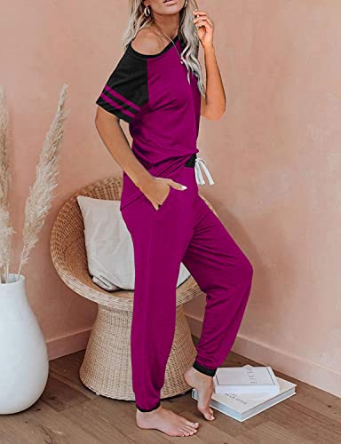 Image of PRETTYGARDEN Women Summer Two Piece Outfits Striped Short Sleeve Pullover and Long Pants Tracksuit Travel Pajama Lounge Set