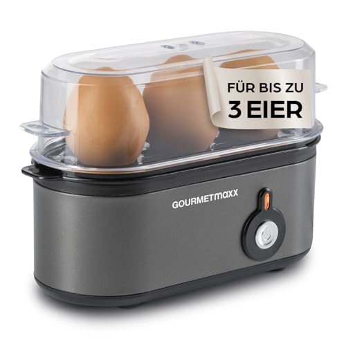 GOURMETmaxx Eierkocher für 3 Eier | Egg Boiler mit Eierstecher im Messbecher | Egg Cooker 3 Härtegrade für deinen Eierbecher | Design Eierkocher klein spülmaschinenfeste Teile