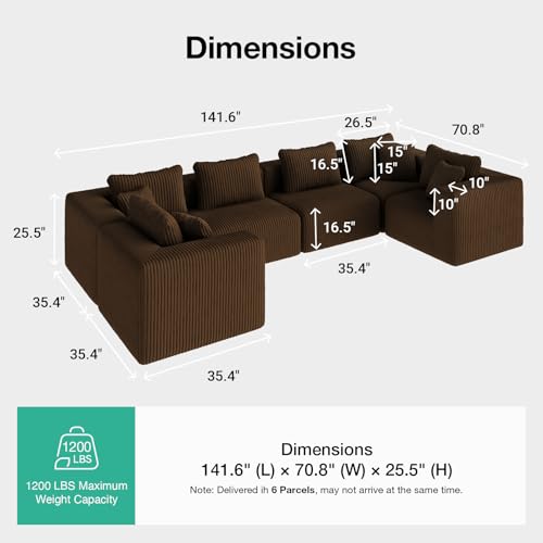 Image of Novilla 141 inch Modular Sectional Sofa, U Shape Family Size Sectional Couch, Modern Cloud Design with Smarts Coil Support, Boneless Couch for Large Living Room Apartment, No Assembly Required, Brown