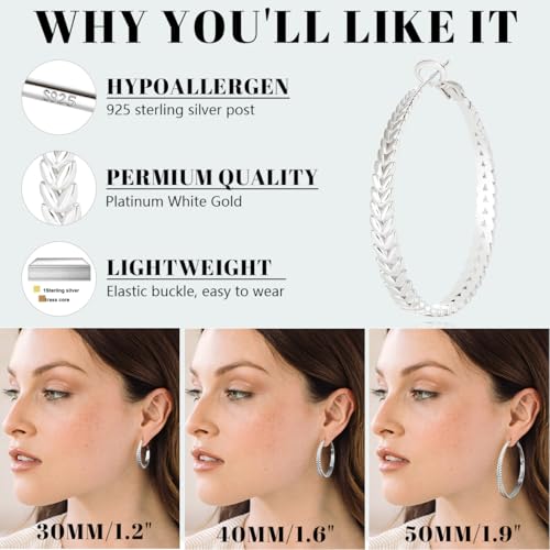 Silver Hoop Earrings for Women Hypoallergenic 925 Sterling Silver Post Hoop Earrings Lightweight Thick Large Silver Hoop Earrings 30/40/50MM2