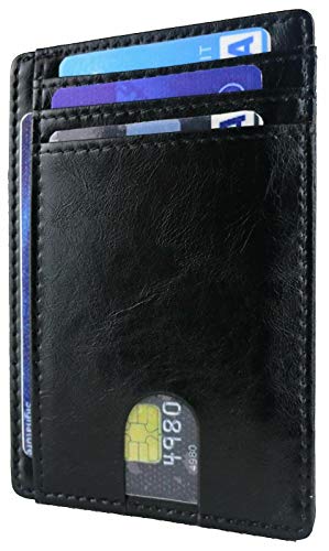 Slim Minimalist Front Pocket RFID Blocking Leather Wallet for Men Women (Black)